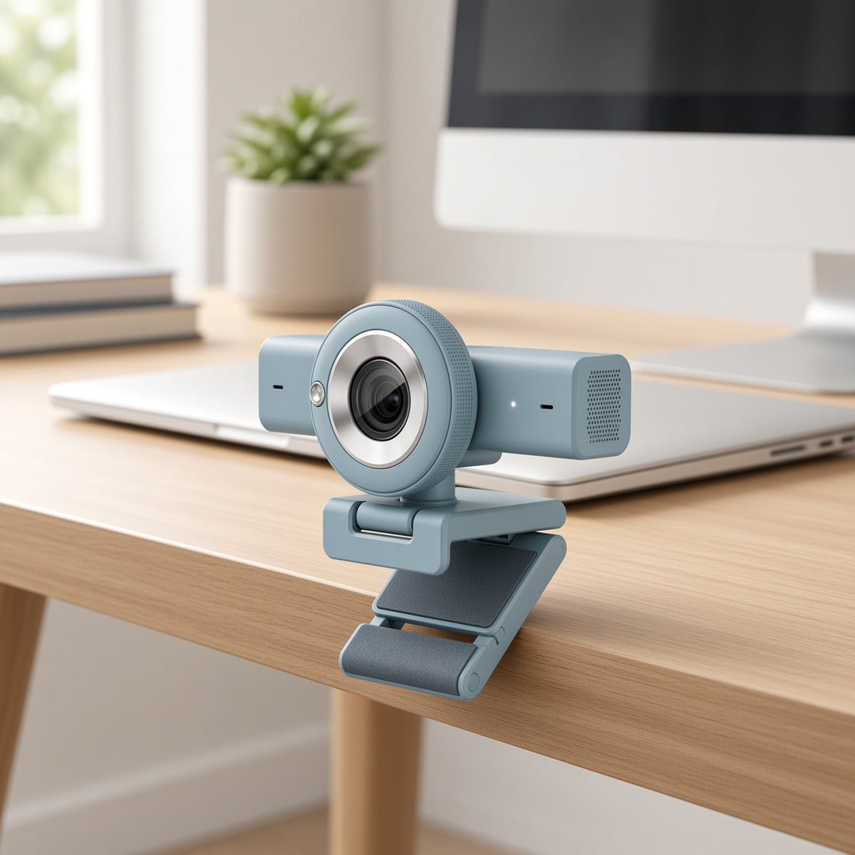 Light Blue Webcam with Dual Microphones | Clip-On USB Camera for Desktop