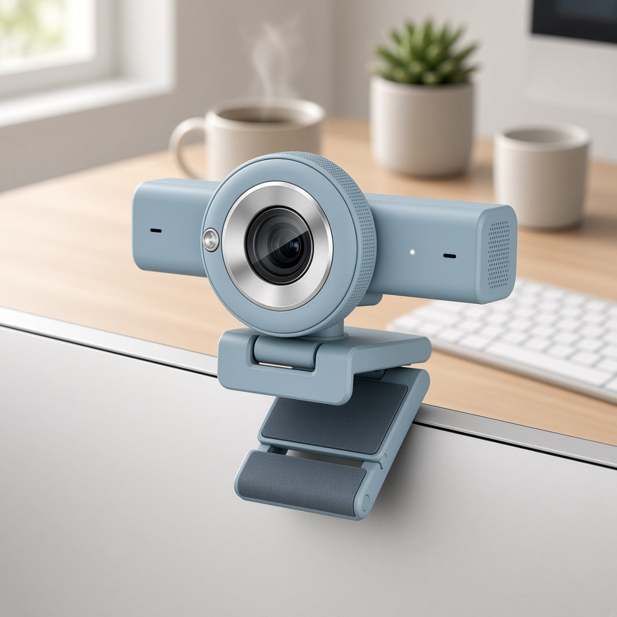 Light Blue Webcam with Dual Microphones | Clip-On USB Camera for Desktop
