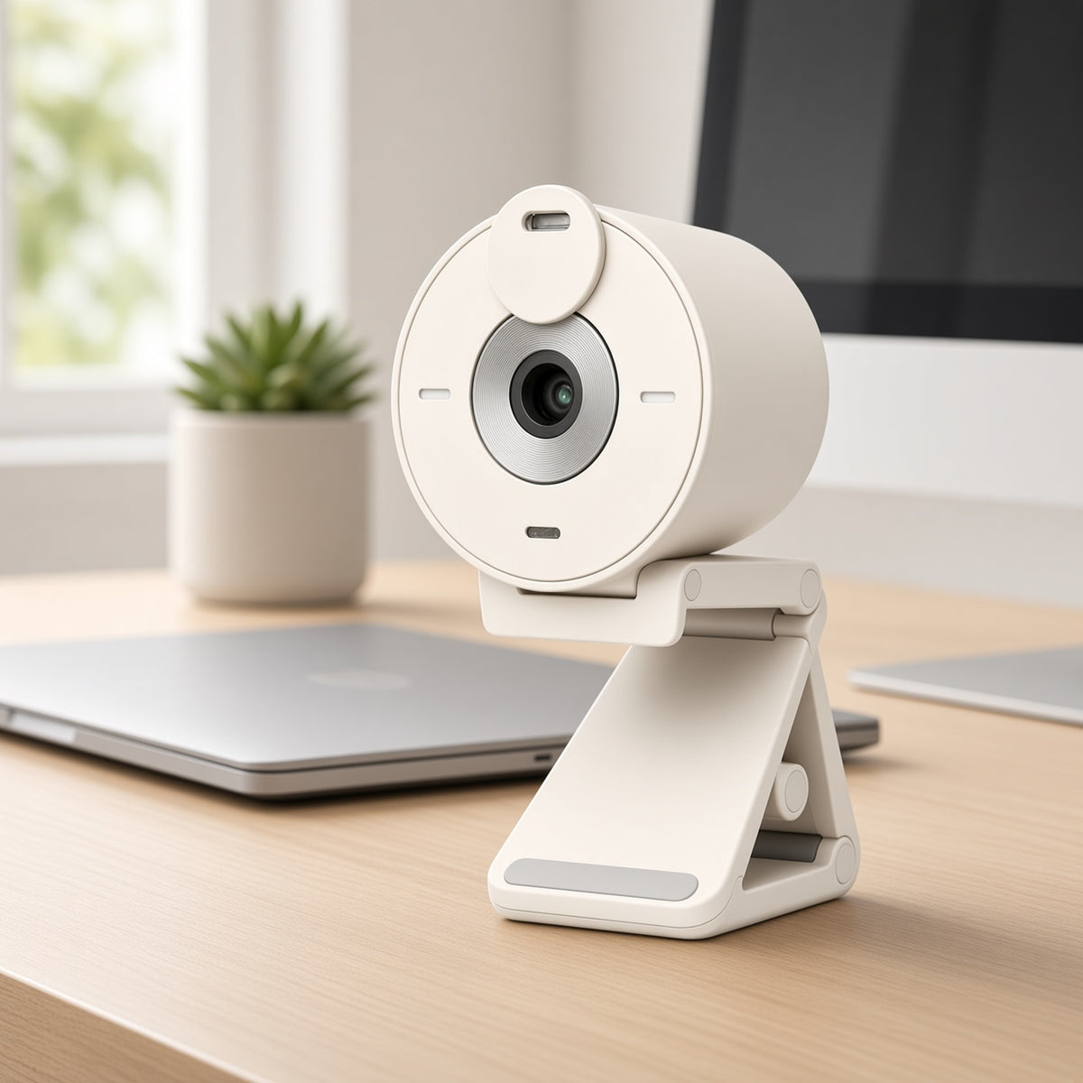 Beige Webcam with Privacy Shutter | Desktop USB Camera with Adjustable Stand