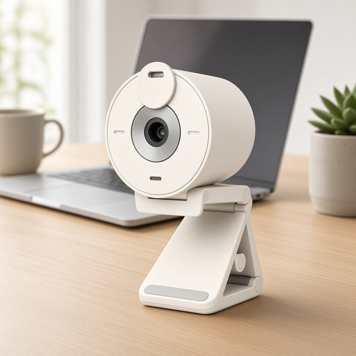 Beige Webcam with Privacy Shutter | Desktop USB Camera with Adjustable Stand