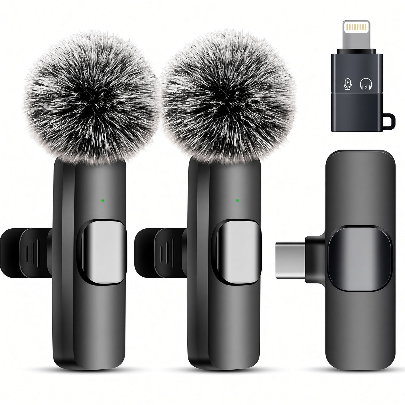 Wireless Lavalier Microphone Set with Dual Mics, USB-C Receiver and Lightning Adapter