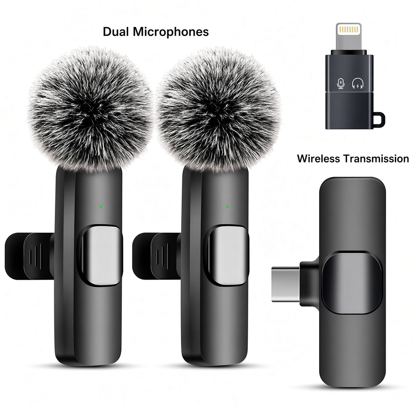 Wireless Lavalier Microphone Set with Dual Mics, USB-C Receiver and Lightning Adapter