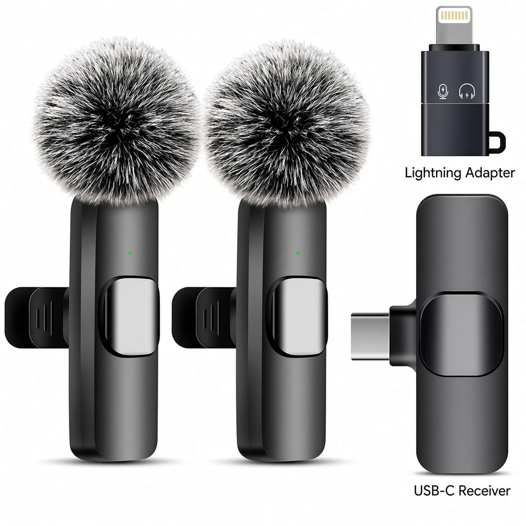 Wireless Lavalier Microphone Set with Dual Mics, USB-C Receiver and Lightning Adapter
