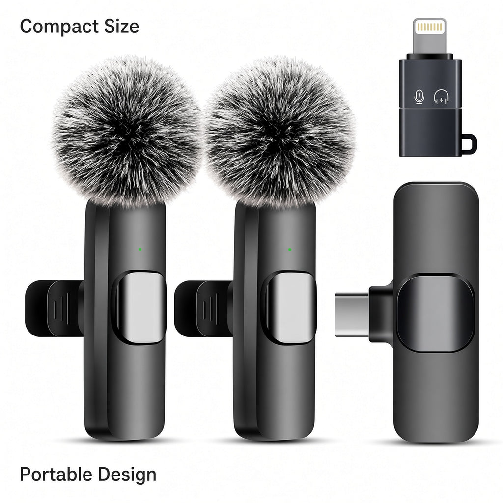 Wireless Lavalier Microphone Set with Dual Mics, USB-C Receiver and Lightning Adapter