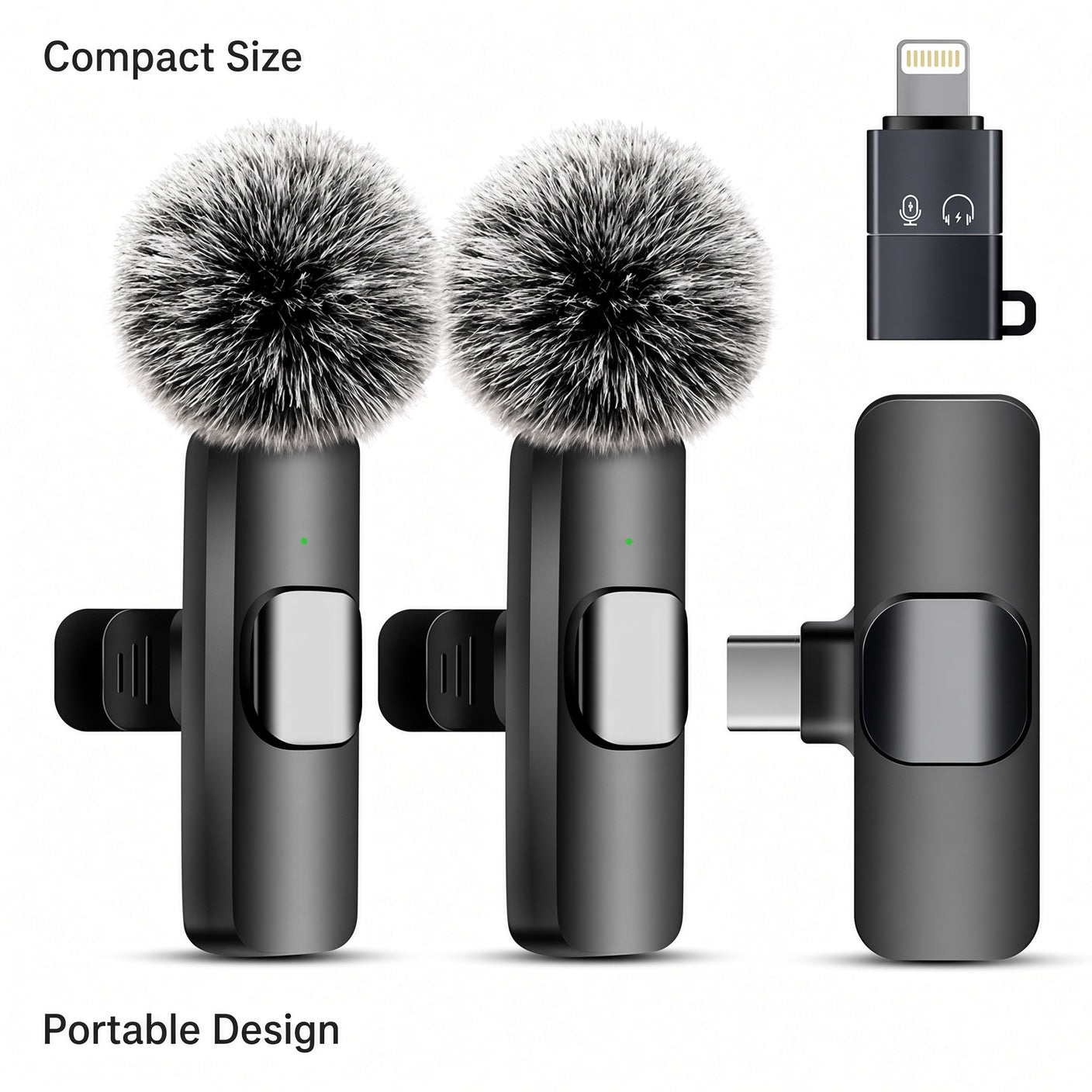 Wireless Lavalier Microphone Set with Dual Mics, USB-C Receiver and Lightning Adapter