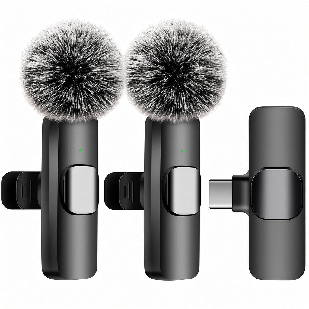 Wireless Lavalier Microphone Set with Dual Mics, USB-C Receiver and Lightning Adapter